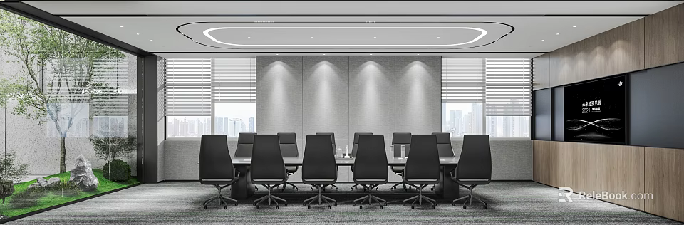 Modern Conference Room Interior with Long Table Black Chairs Gray Walls Windows and City View 3d model 