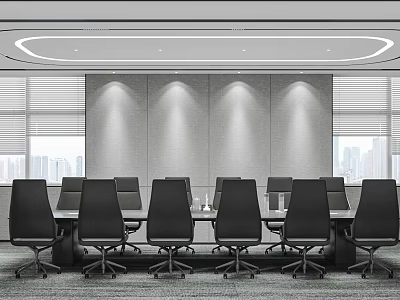 Modern Conference Room Interior with Long Table Black Chairs Gray Walls Windows and City View 3d model