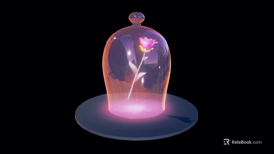 Cartoon Scene of Enchanted Glass Dome With Pink Rose and Pink Light on Black Background 3d model 