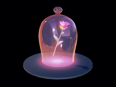 Cartoon Scene of Enchanted Glass Dome With Pink Rose and Pink Light on Black Background 3d model