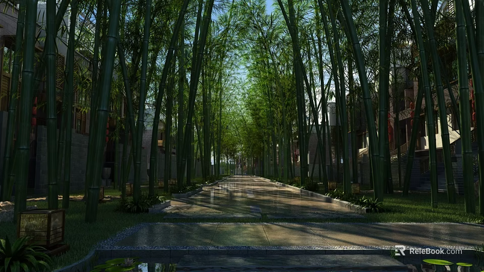 Serene Bamboo Forest Scenery With Lush Green Shoots And Sunlit Path 3d model 