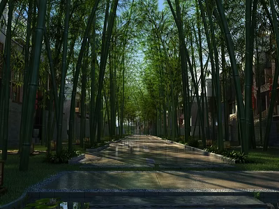 Serene Bamboo Forest Scenery With Lush Green Shoots And Sunlit Path 3d model