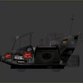 Retro Futuristic Mechanical Vehicle With Red Seat Antenna Metal Parts And Warning Labels