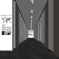 Office Corridor Featuring Glass Partitions Wooden Doors Marble Flooring World Map Green Plant Recessed Lighting