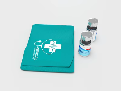 Green Medical Pouch With Cross Logo And Two Small Vials For Healthcare 3d model