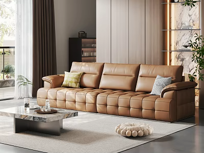 Modern Brown Leather Sofa and Coffee Table Set With Decorative Pillows and Marble Top 3d model