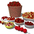 Fresh Strawberries in Wicker Basket Plate and Bowls with Jam and Dessert