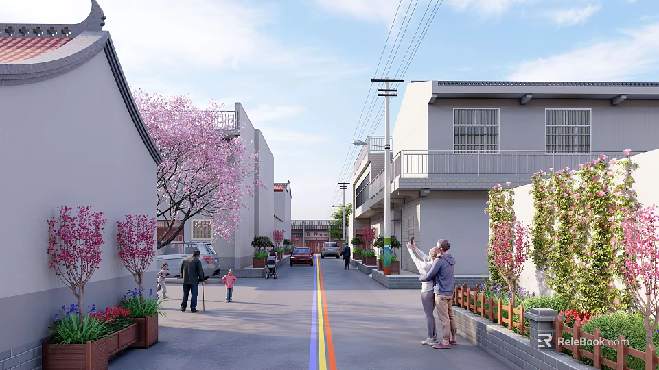 Road Facilities Including Central Lines in Traditional Street with Cherry Blossom Trees and Flower Beds 3d model 