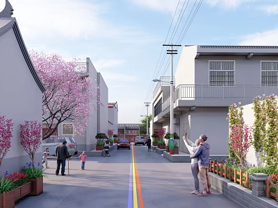 Road Facilities Including Central Lines in Traditional Street with Cherry Blossom Trees and Flower Beds 3d model