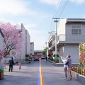 Road Facilities Including Central Lines in Traditional Street with Cherry Blossom Trees and Flower Beds