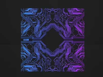 Geometric Circuit Board Style Sculpture Carving With Blue Purple Patterns And Digital Art Design 3d model