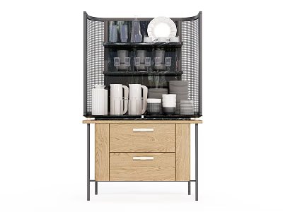 Modern Sideboard With Wooden Drawers Glass Display Shelf And Tableware Storage 3d model