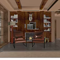 Brown Leather Single Sofa In Living Room With Wooden Wall Fireplace And Bookshelf Decor