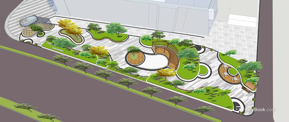 Modern Park Landscape Design With Curved Walkways Green Lawns And Various Trees 3d model 
