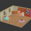 Cartoon Bedroom Scene With Blue Bed Desk Lamp Red Wall Pictures Wooden Floor Purple Rug