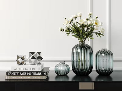 Modern Decorative Ornament Set With Glass Vases White Flowers Geometric Ornaments And Books 3d model