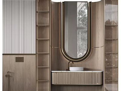 Elegant Modern Bathroom Vanity Cabinet With Oval Mirror Wooden Shelves And White Sink 3d model