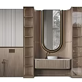 Elegant Modern Bathroom Vanity Cabinet With Oval Mirror Wooden Shelves And White Sink