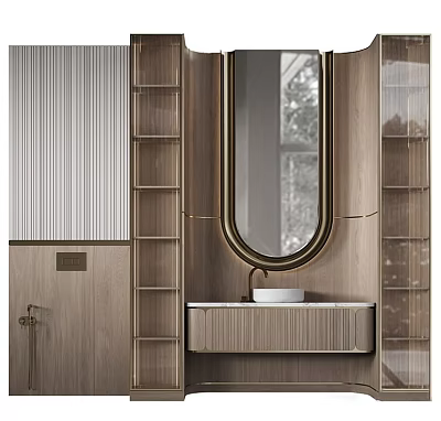 Elegant Modern Bathroom Vanity Cabinet With Oval Mirror Wooden Shelves And White Sink 3d model