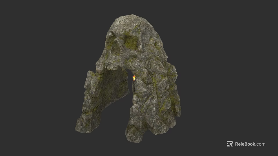 Natural Skull Shaped Stone Entrance Gate With Moss And Flaming Torch 3d model 