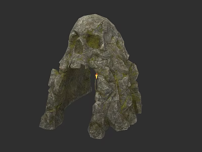 Natural Skull Shaped Stone Entrance Gate With Moss And Flaming Torch 3d model