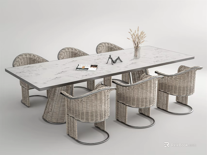 Rectangular Table Chair Set With Marble Top And Wicker Chairs Featuring Dried Flower Vase 3d model