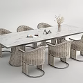 Rectangular Table Chair Set With Marble Top And Wicker Chairs Featuring Dried Flower Vase 3d model