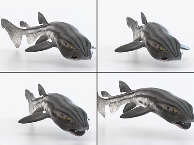 Prehistoric Aquatic Animal Grey Striped Body Shown in Four Angles Open Mouth and Eyes 3d model