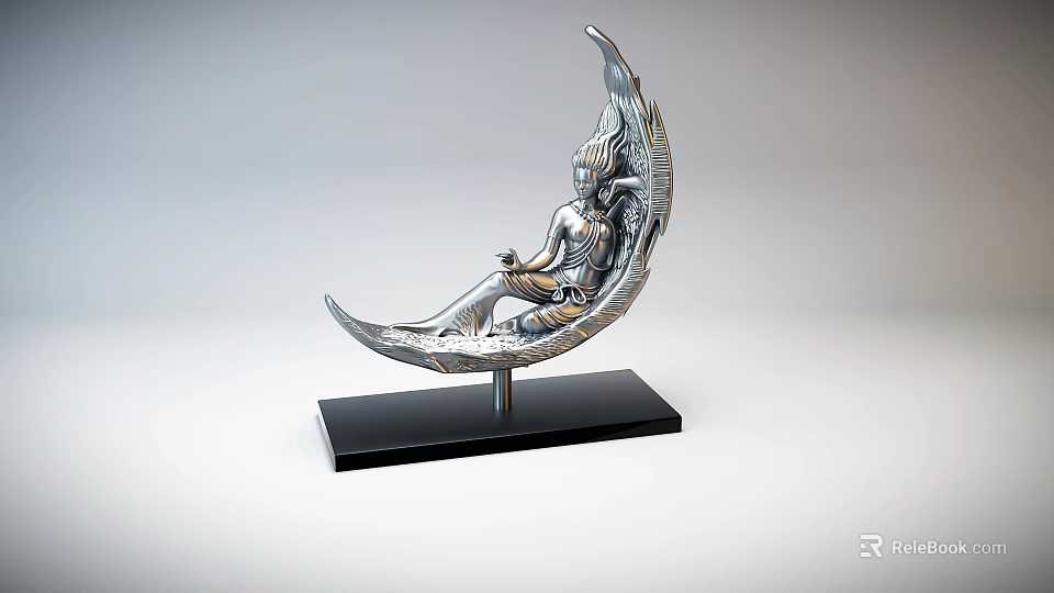 Elegant Seated Figure Metal Sculpture Carving On Crescent Moon Base Stand 3d model 