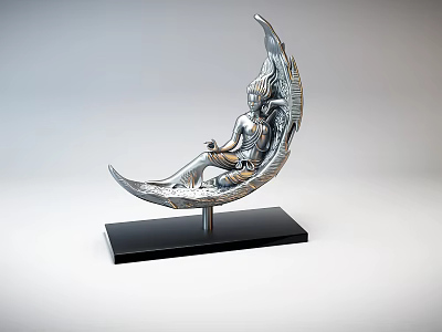Elegant Seated Figure Metal Sculpture Carving On Crescent Moon Base Stand 3d model