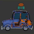 Cartoon Blue Car with Pink Purple Stripes Carrying Orange Red Green Suitcases on Roof