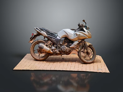 Silver Sporty Motorcycle Parked On Brick Platform With Simple Gray Background 3d model