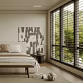 Modern Minimalist Bedroom With Bed Pillows Wooden Bench And Abstract Wall Art