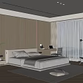 Modern Bedroom Interior With Wooden Panel Walls King Bed Desk Chair And Floor To Ceiling Windows