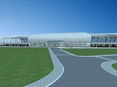 Modern Large Architectural Building With White Curved Roof Green Lawn And Pathway Under Blue Sky 3d model