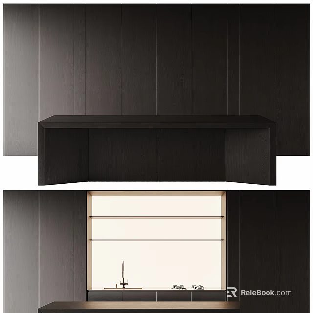 Modern Kitchen Interior Design With Dark Cabinets Drawers Countertop And Wall Panels 3d model 