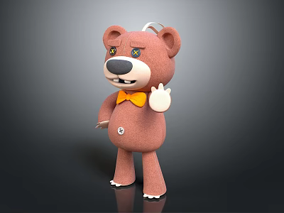 Cute Brown Teddy Bear Doll Wearing Yellow Bow Tie And Waving Hand 3d model