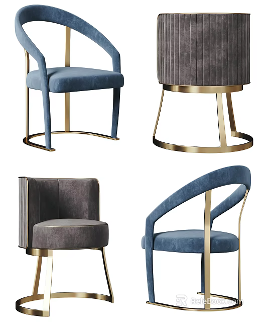 Stylish Modern Leisure Chairs With Blue Gray Velvet And Gold Metal Frames 3d model 
