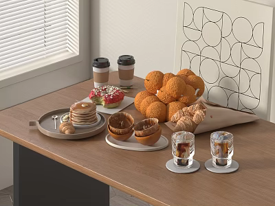 Delicious Assorted Food Display With Donuts Croissants Fried Balls Coffee And Drinks On Wooden Table 3d model