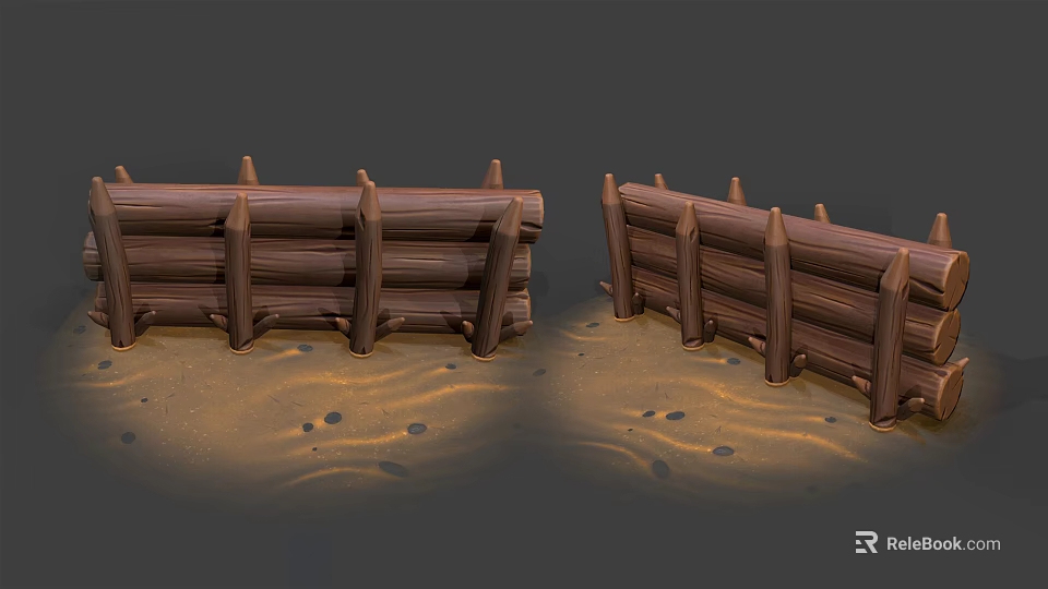 Rustic Wooden Fences On Sandy Ground With Log Structure And Small Stones 3d model 
