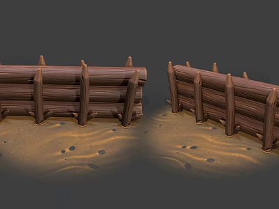 Rustic Wooden Fences On Sandy Ground With Log Structure And Small Stones 3d model