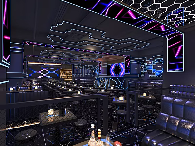 Modern Bar Interior Design With Purple Blue Neon Lights Hexagonal Bar Counter Seats 3d model