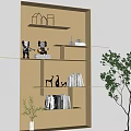 Wall Mounted Beige Storage Shelves With Multiple Compartments Holding Books Decorative Items And Small Plants