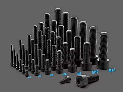 Assorted Black Bolts With Different Sizes M6 M8 M10 M12 Collection 3d model