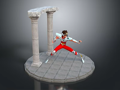 Warrior in Red White Costume Striking Battle Pose by Ancient Stone Pillars on Round Platform 3d model