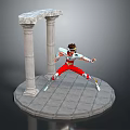 Warrior in Red White Costume Striking Battle Pose by Ancient Stone Pillars on Round Platform