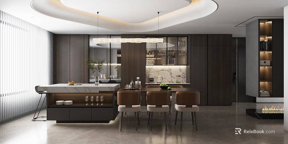 Modern Restaurant Design With Open Concept Kitchen Marble Countertop Hanging Lights Dining Table And Chairs 3d model 