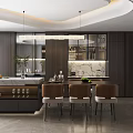 Modern Restaurant Design With Open Concept Kitchen Marble Countertop Hanging Lights Dining Table And Chairs