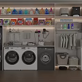 Laundry Cabinet Rack Displaying Washing Machines Dryers Detergent Bottles Hanging Clothes And Baskets
