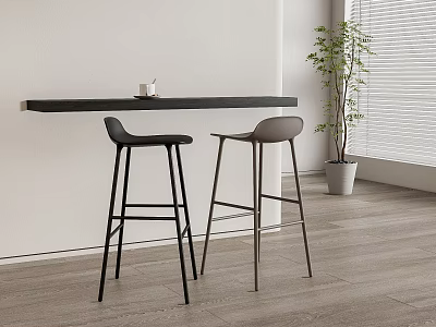 Modern Black And Grey Bar Stools By Long Counter With Potted Plant In Interior 3d model